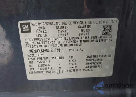 2018 Chevrolet Equinox Lt из США, поврежденный, VIN 3GNAXSEV3JS533011